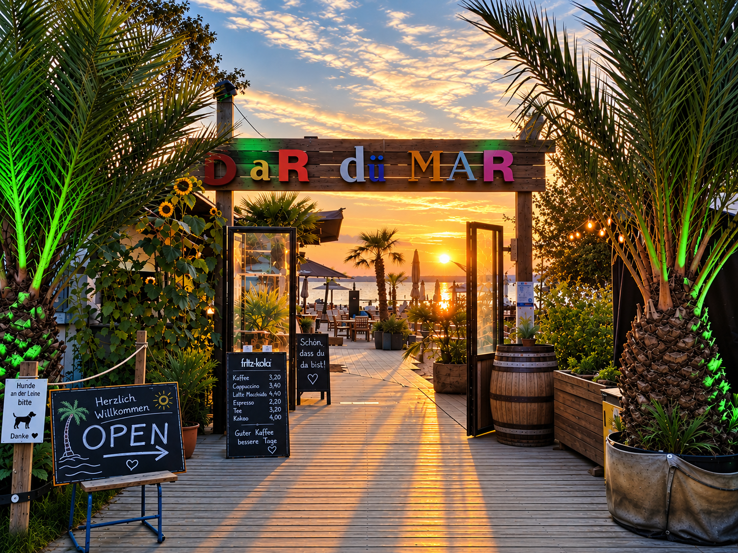 Sitzplätze der Bar dü Mar direkt am Dümmersee im Sonnenuntergang
